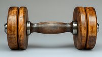 Vintage wooden dumbbell with metal bands isolated on gray background. Classic gym equipment for strength training and fitness workouts.