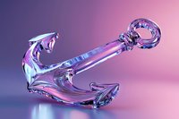 Iridescent glass anchor with holographic effect floating on pink and purple gradient background, modern maritime art piece with transparent crystal-like appearance.