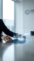Businessman in dark suit interacting with digital holographic interface on glass table, representing technology innovation and data management for corporate business solutions.