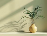 Green palm leaves in round beige ceramic vase casting dramatic shadows on light wall, minimalist home decor composition with natural sunlight.