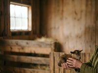 Farmer holding young goat in rustic barn with natural light from window, agricultural livestock care and animal husbandry concept for farm operations.