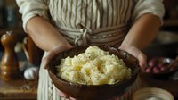 Rustic wooden bowl of creamy mashed potatoes held by person in linen apron against dark background, comfort food styling for restaurant menu and recipe blog.