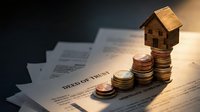 Wooden house model on stacked coins over deed of trust documents representing mortgage, real estate investment, property financing and homeownership growth.
