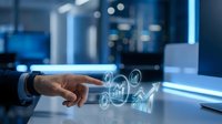 Business professional interacting with holographic data analytics interface displaying charts and graphs in modern office environment with blue lighting.