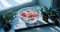 Glass bowl with floating roses and herbs on windowsill creates serene spa atmosphere for wellness and relaxation concepts in natural daylight setting.
