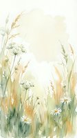 Delicate watercolor wildflower meadow with daisies, grasses and herbs in soft pastel tones, botanical frame border design for spring summer projects.