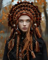 Woman with auburn braids wearing ornate headdress with tassels and beads against autumn forest backdrop, creating mystical folklore atmosphere.