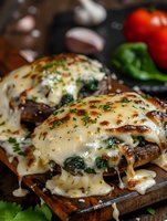 Grilled portobello mushrooms topped with melted cheese and fresh herbs on wooden board with vegetables in background for cooking and dining concepts.