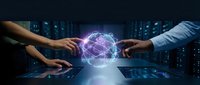 Business professionals connecting through glowing digital brain network representing artificial intelligence collaboration and innovation in modern technology.
