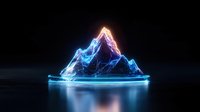 Glowing mountain peak with neon blue and pink light effects reflecting on dark water surface, futuristic digital art style for modern tech backgrounds.