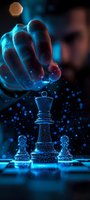 Glowing chess pieces in neon blue light with particles effect, hand moving king piece on dark background. Strategic business concept with dramatic lighting.