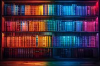 Rainbow colored vintage books arranged on dark wooden shelves creating spectrum effect with dramatic lighting, knowledge concept for education and library interior.