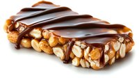 Homemade protein bar with peanuts, caramel and chocolate drizzle on white background, perfect for healthy snacking and fitness nutrition.