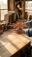 Craftsman's hands gesturing over wooden workbench in rustic workshop filled with tools, books, and warm sunlight streaming through windows, depicting skilled labor and artisanal work.