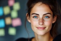 Young Caucasian businesswoman with blue eyes smiling confidently in modern office with colorful sticky notes background for corporate presentations.