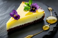 Slice of lemon cheesecake with chocolate crust garnished with fresh purple pansies and mint leaves on dark slate surface, decorated with golden honey drizzle.