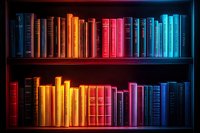 Books arranged on wooden shelves illuminated by vibrant gradient lighting from red to blue creating dramatic rainbow effect, knowledge concept for education and learning.