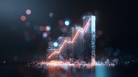 Glowing neon chart showing upward trend with bar graph elements against dark background, illuminated by bokeh lights creating atmospheric business visualization.
