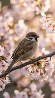 Small brown sparrow perched on flowering cherry blossom branch in spring garden with soft pink petals and warm bokeh background for nature photography.