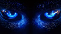 Glowing blue eyes with digital particle effect emerging from darkness, featuring intense gaze and technological pattern design for sci-fi concepts.