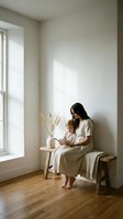 Mother and toddler daughter reading book together in minimalist room with natural light streaming through window creating peaceful family moment.