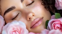 Young woman with closed eyes surrounded by pink roses, expressing serenity and natural beauty. Soft focus beauty portrait showcasing flawless skin and peaceful expression.