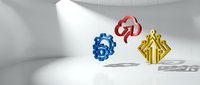 Colorful gear and chain link symbols in blue, red, and gold floating in bright white modern space, representing connection, technology, and business solutions.