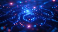 Glowing hexagonal circuit pattern with blue neon lights and bokeh effects on dark background creates futuristic technology concept for digital designs.