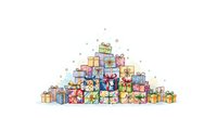 Colorful stacked gift boxes pyramid with ribbons and bows isolated on white background, ready for holiday greeting cards, retail promotions, and festive design projects.