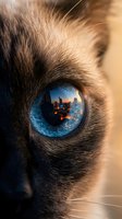 Close-up of cat eye with blue iris reflecting illuminated cityscape at dusk, suitable for creative, surreal, and conceptual design projects.
