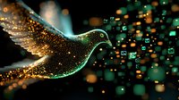 Glowing dove silhouette with sparkling particles and green digital message icons floating in dark space, symbolizing peace and modern communication technology.