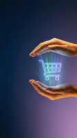 Two hands with warm skin tone cradling glowing neon shopping cart icon against blue-purple gradient background. Represents e-commerce protection, online retail security, digital shopping safety.
