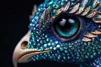 Mystical bird creature with iridescent turquoise and purple scales, detailed close-up of bright blue eye and golden feathers against dark background, fantasy art piece.