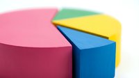 Colorful pie chart with vibrant segments in pink, green, yellow and blue representing data visualization and business analytics on white background.