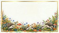 Watercolor autumn forest border with hedgehogs, mushrooms, berries and foliage on cream background for seasonal greeting cards and invitations.
