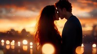 Romantic silhouette of young couple at sunset with bokeh lights, tender moment between lovers against dramatic orange sky and glowing background.