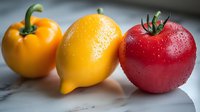 Fresh yellow bell pepper, ripe lemon and red tomato with water drops on light surface, macro food photography for healthy eating and cooking concepts.