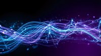 Abstract digital energy waves flowing across dark purple background with glowing particles and light effects for technology and futuristic designs.