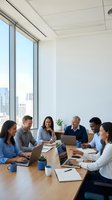 Diverse business team collaborating in modern conference room with city skyline view during productive meeting session.
