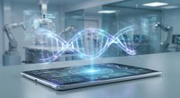 Digital DNA helix hologram emerging from tablet in modern medical laboratory. Futuristic healthcare technology concept for genetic research and biotechnology innovation.