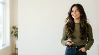 Young woman with long dark hair and olive skin tone, wearing olive green ribbed sweater and jeans, holding smartphone, smiling in bright modern interior space with window and plant.