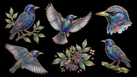 Colorful hummingbirds and songbirds with iridescent plumage and botanical elements isolated on transparent background, ready for t-shirt design, clipart, stickers, and print-on-demand products.