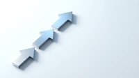 Blue paper arrows pointing upward in sequence showing growth progression and success concept on white background for business presentations.