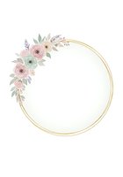 Circular gold frame adorned with soft pink, cream, and sage green florals with lavender accents and delicate foliage. Perfect for wedding invitations, greeting cards, and event design projects.