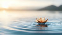 Serene lotus flower floating on calm water surface with concentric ripples at sunrise, mountains silhouetted in background.