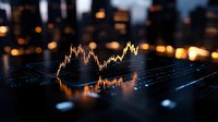 Financial market graph glowing in orange and blue against dark background with blurred city lights, showing stock price movement and trading data analysis.