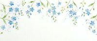 Hanging blue forget-me-not flowers with green leaves and stems on white background, isolated design element for greeting cards, invitations, and decorative projects.
