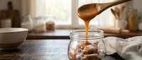 Golden honey dripping from wooden spoon into glass jar with nuts on rustic kitchen counter. Natural sweetener for healthy cooking and baking recipes.