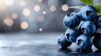 Fresh ripe blueberries with green leaves on dark background with bokeh lights and water drops, macro shot for healthy food concept.