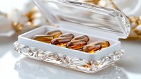 Amber gel capsules in decorative crystal container with lid, displaying nutritional supplements, vitamins, or omega-3 oils for health and wellness product marketing.